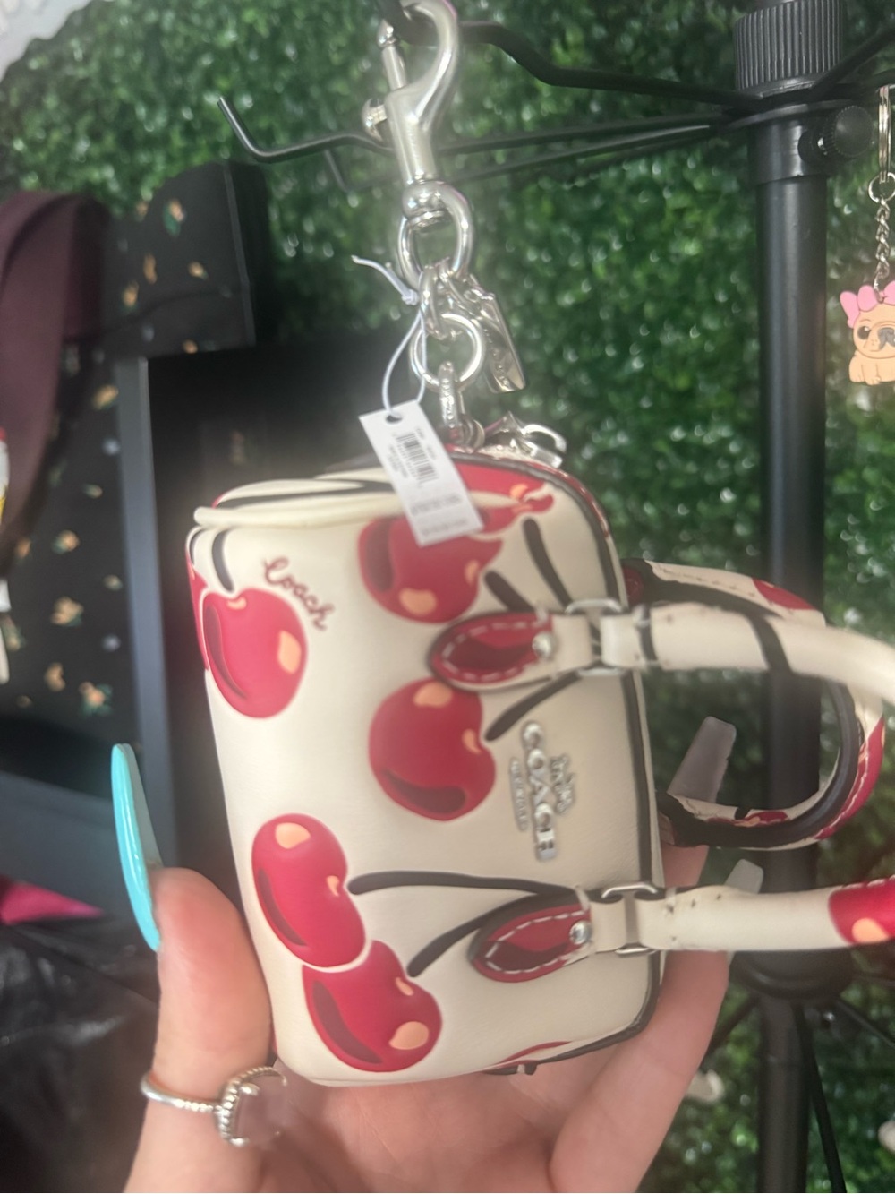 Coach Cream Cherry Print Mini Rowan Charm with Red Accents